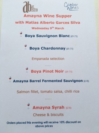 The wine & food menu for the evening.